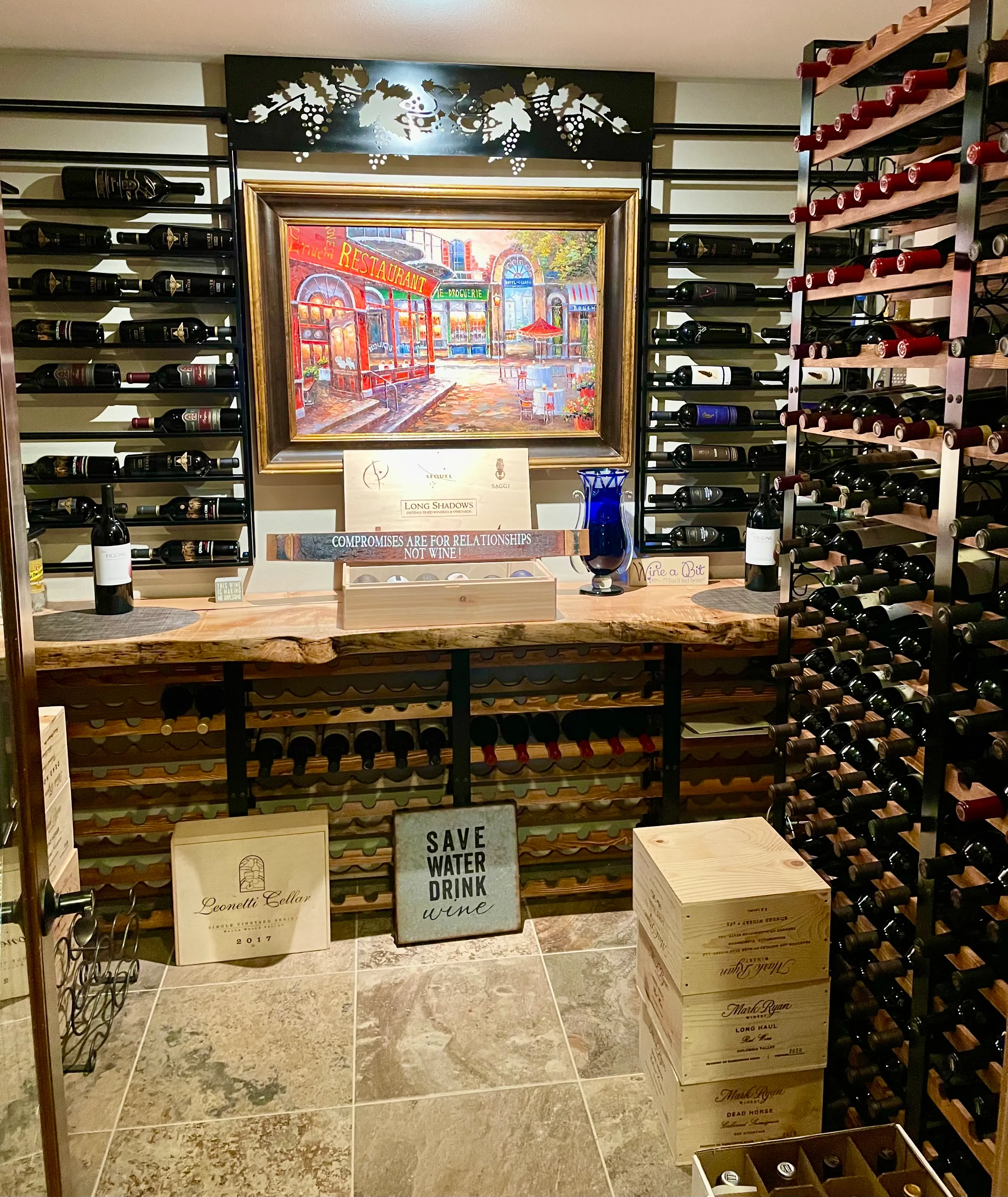 Metal wine rack with artistic steel design