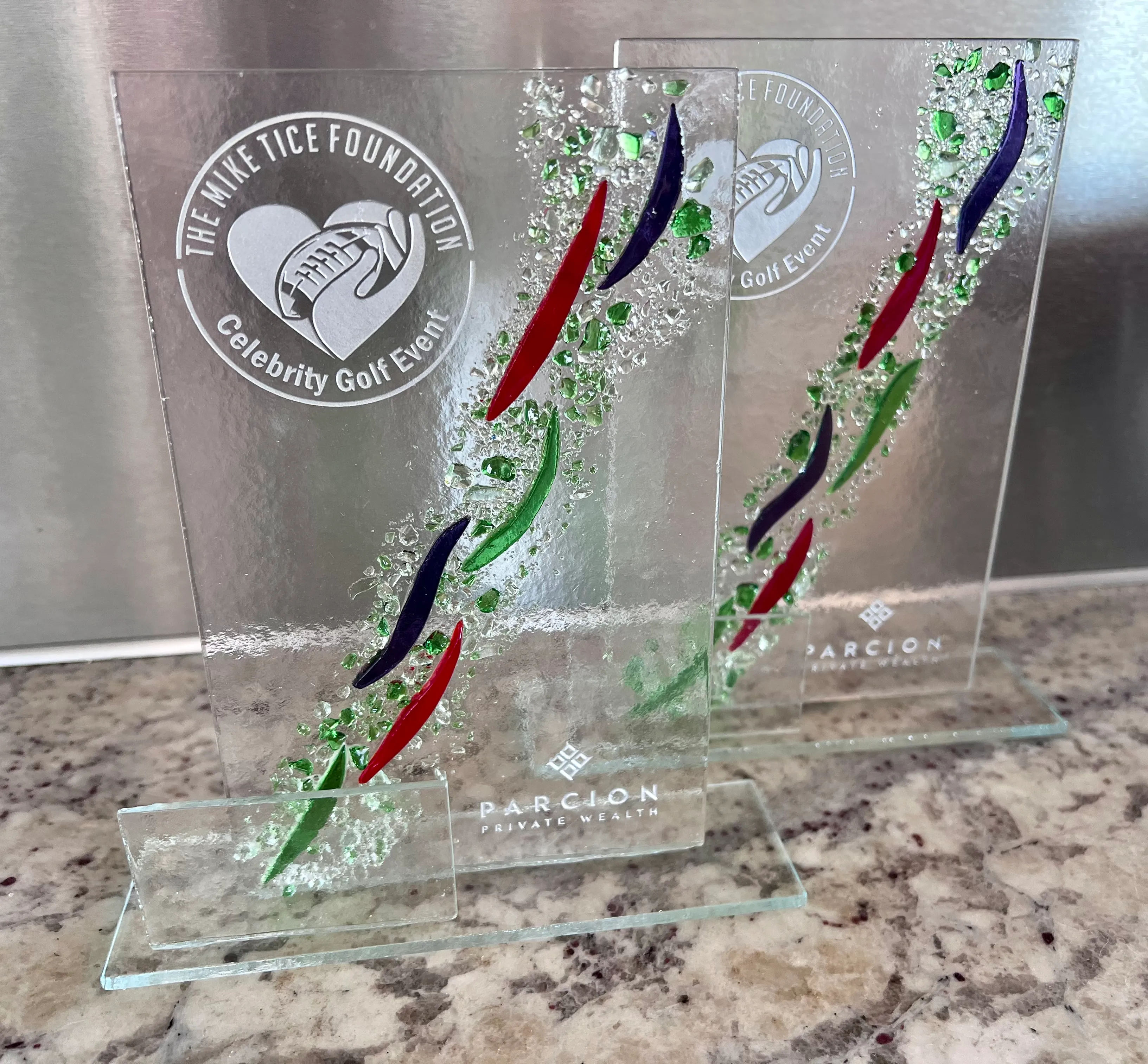 Glass award with colorful fused elements