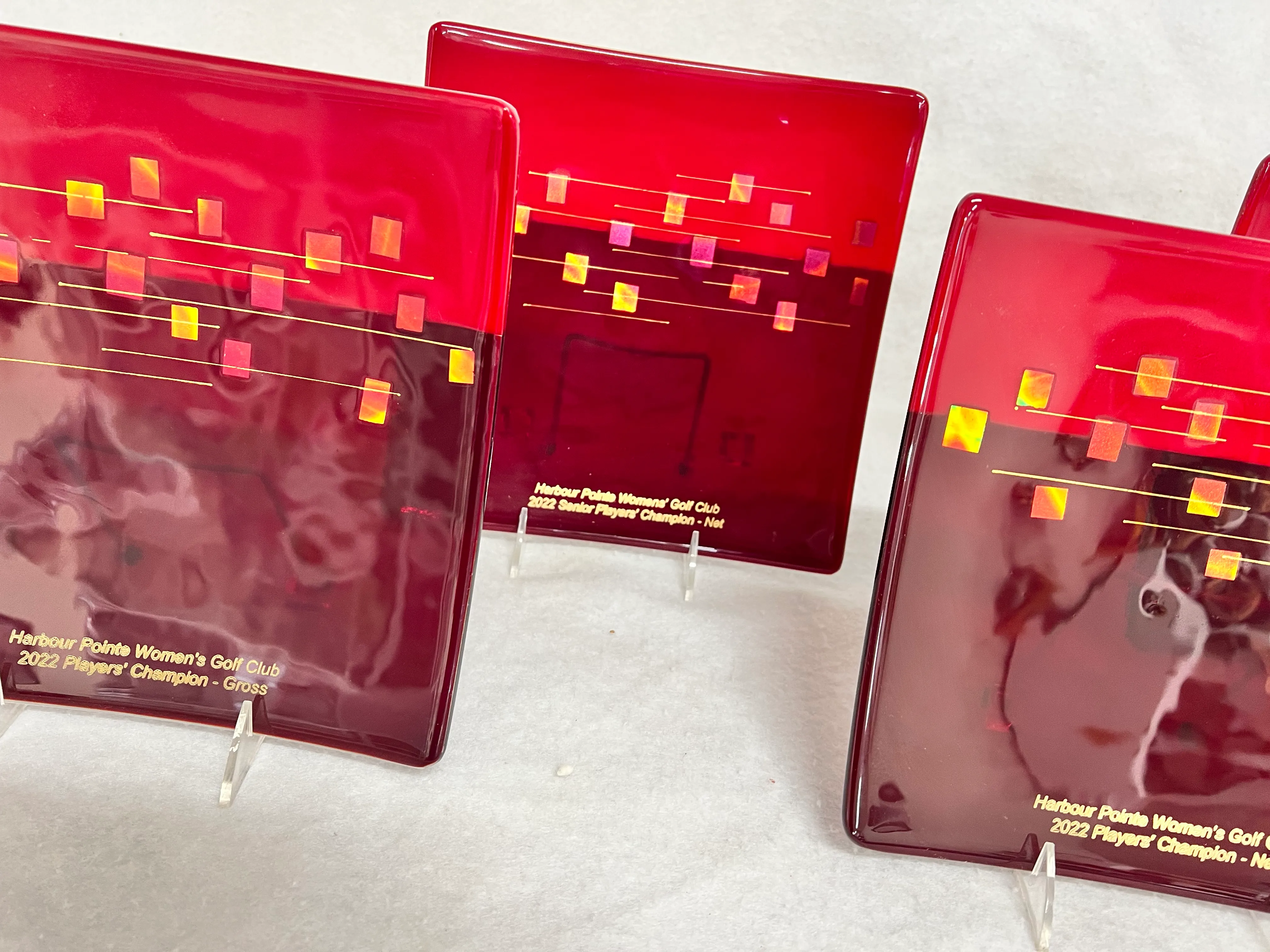 Glass award with vibrant kiln-fired design