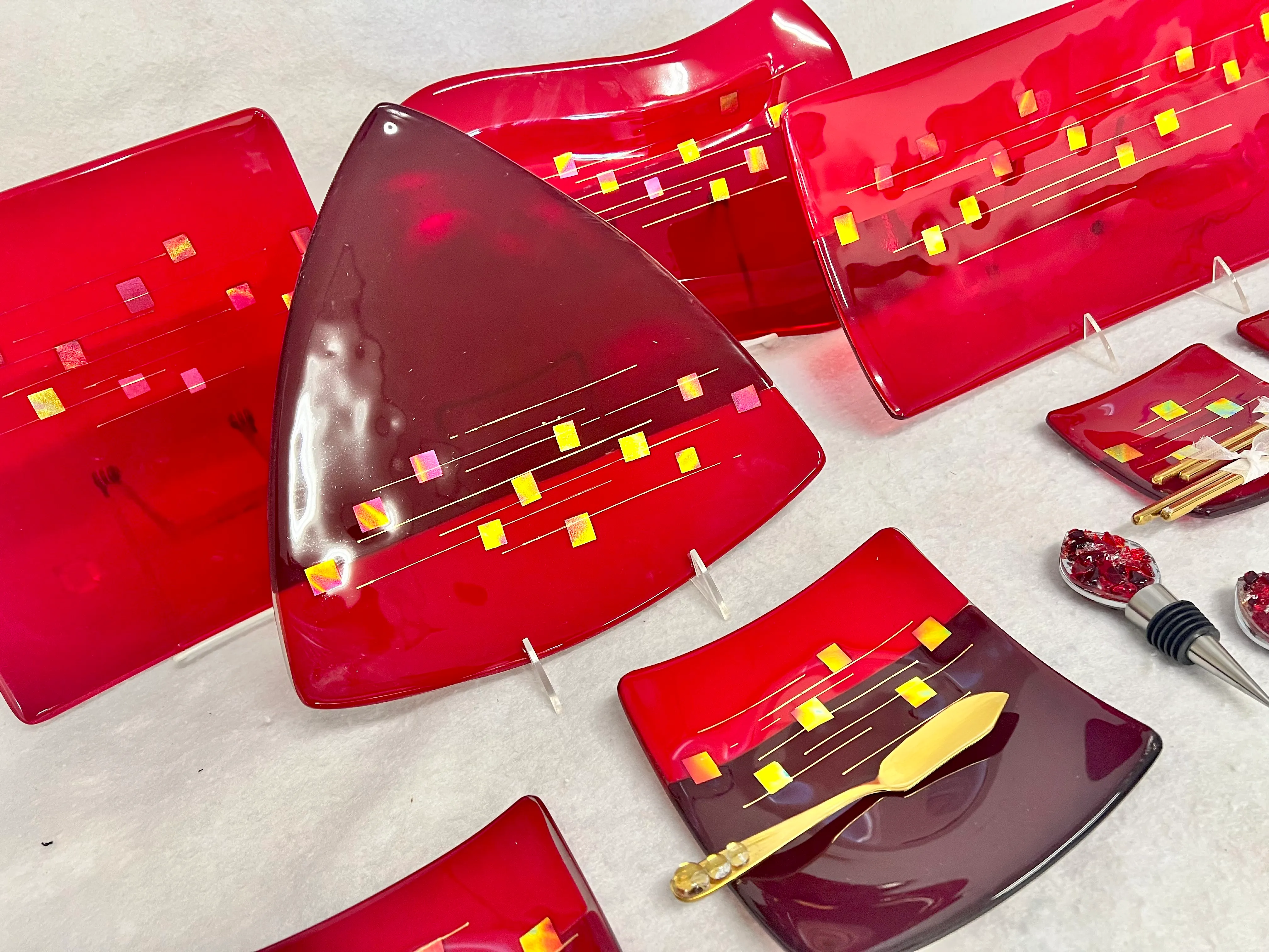 Large glass platter with vibrant fused elements