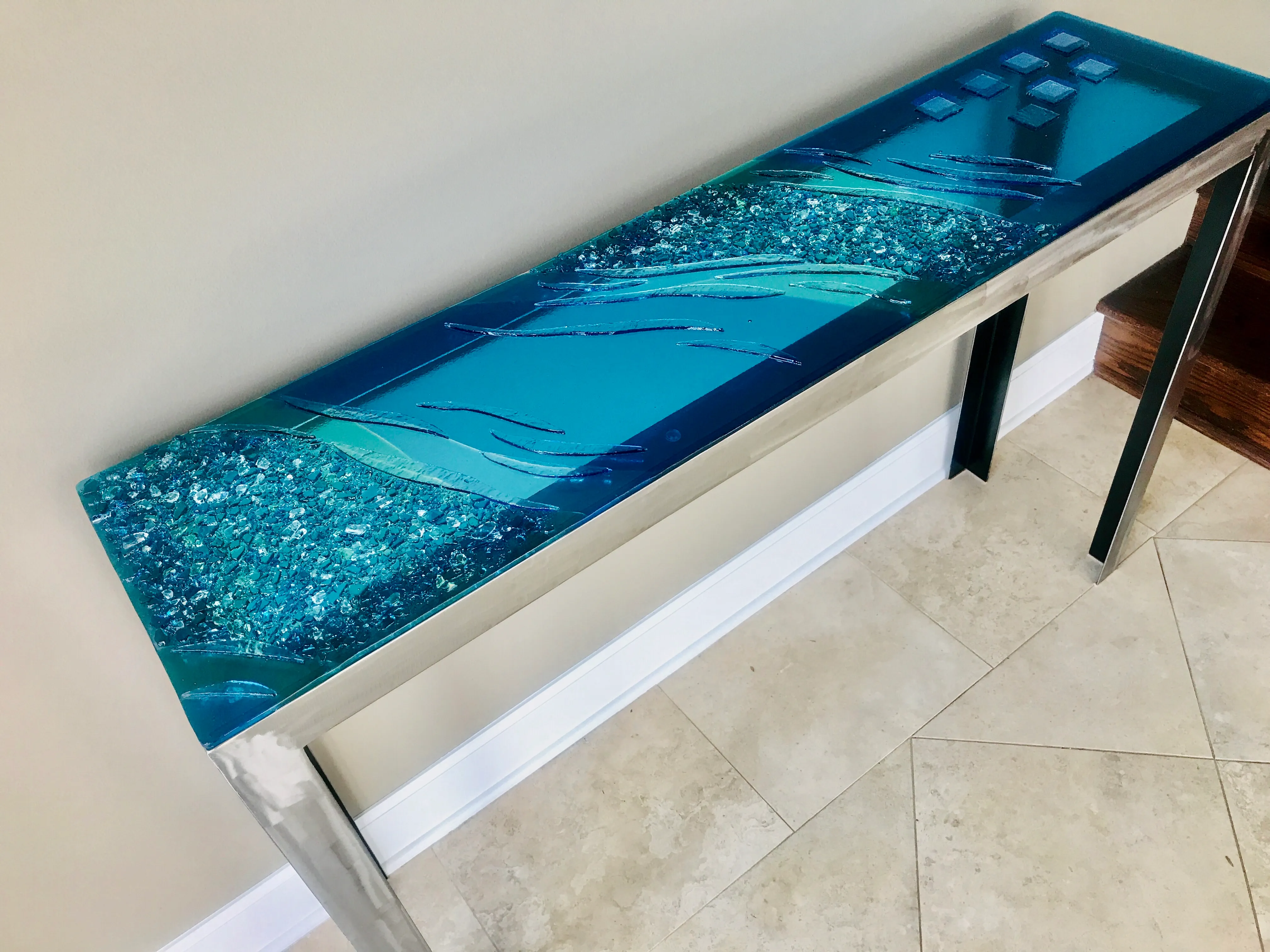 Custom glass table with colorful kiln-fired surface