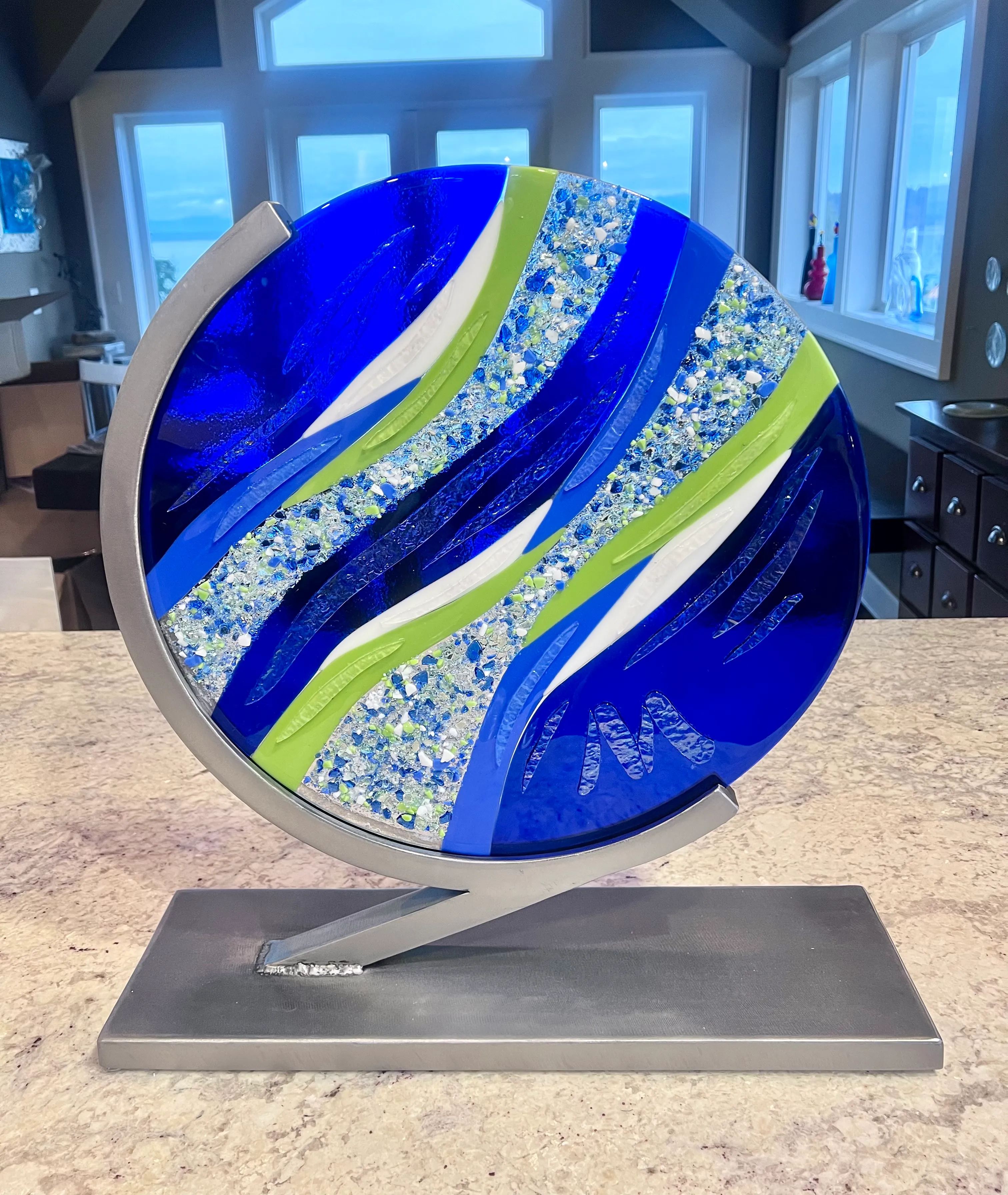 Glass award with abstract colorful design