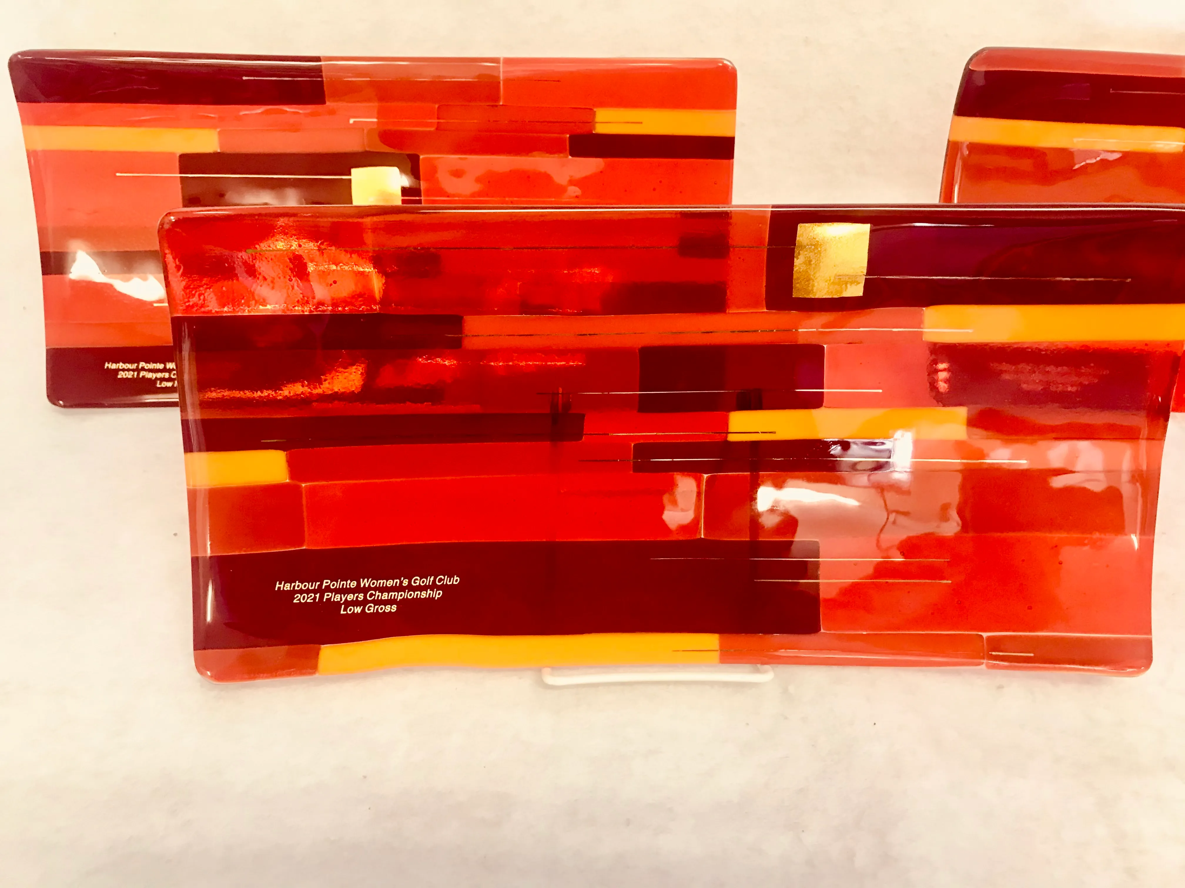 Handcrafted glass platter with rich tones